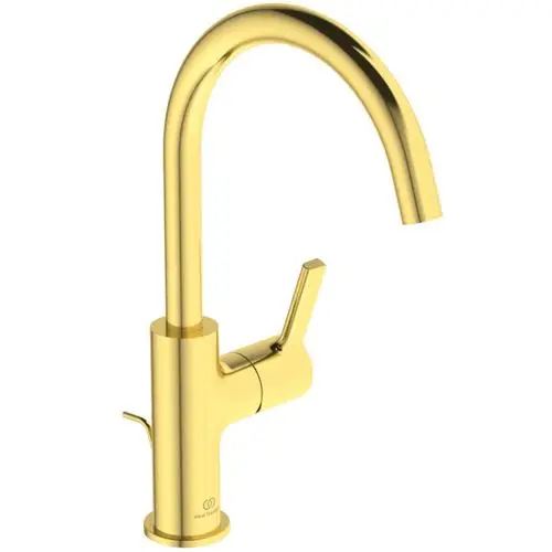 Waschtischarmatur mit hohem Auslauf und Hebelöffnung in der Farbe Brushed Gold, hergestellt von Ideal Standard.